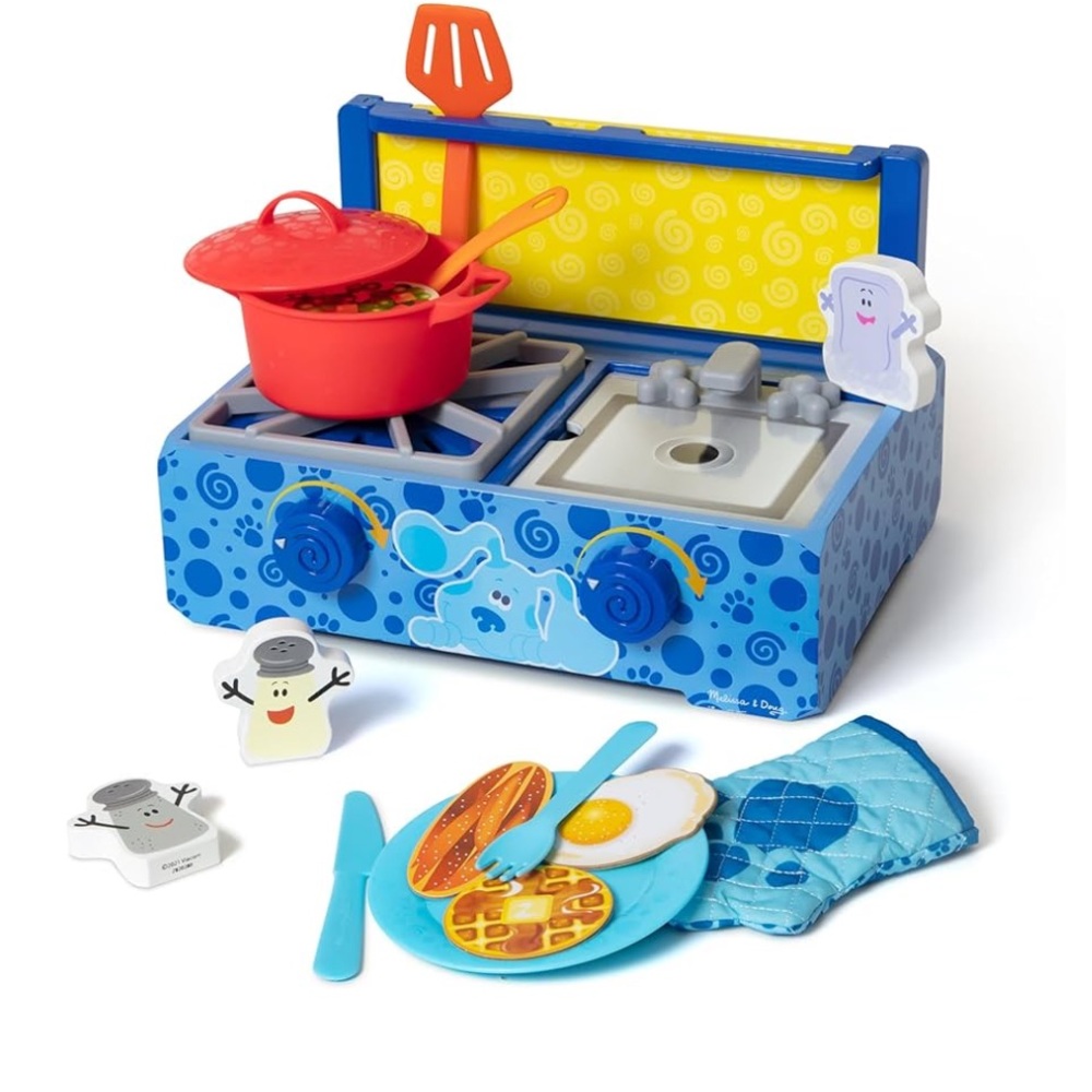 Melissa & Doug Blue Wooden Play Stove with Red Pot and Blue Accessories